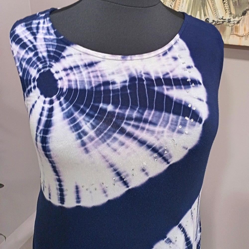 Plus Size Belldini Navy & White Tie Dye Sleeveless Hi-Lo Tunic Top - Picture 5 of 13